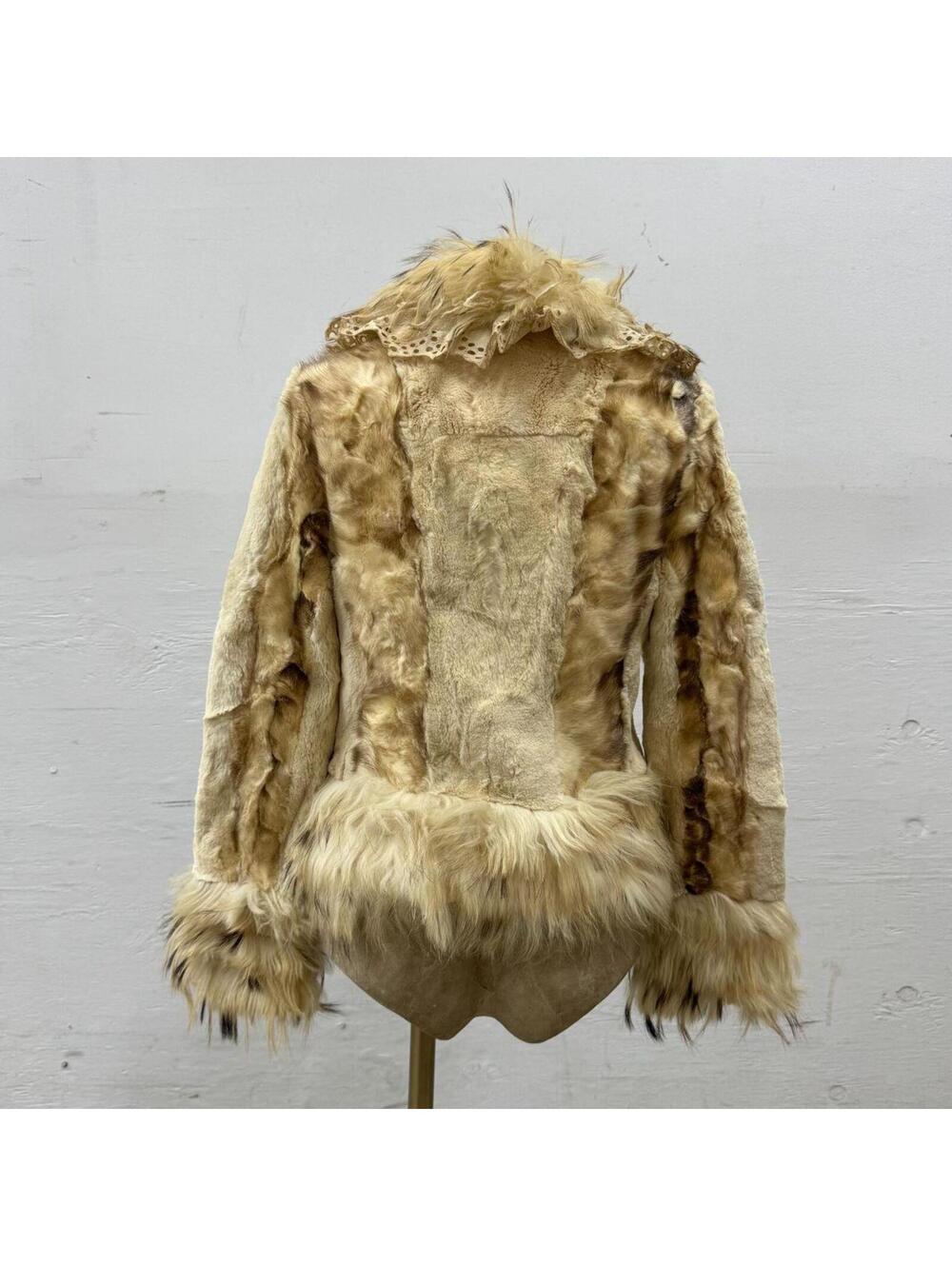 Vintage Y2K Lace and Raccoon Rabbit Calfskin Fur Jacket Burnt Cream - Picture 5 of 8
